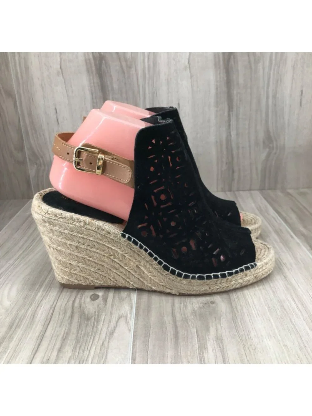 Seychelles Wedge Sandals Womens 8.5 Black Suede Buckle Stap Espadrille Shoes